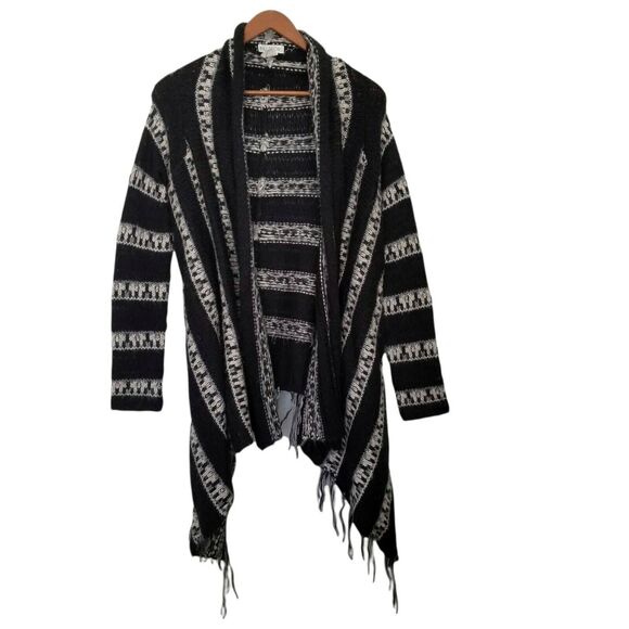 Billabong Black Striped Knit Open Front Fringe Cardigan Size L/G - Picture 1 of 6